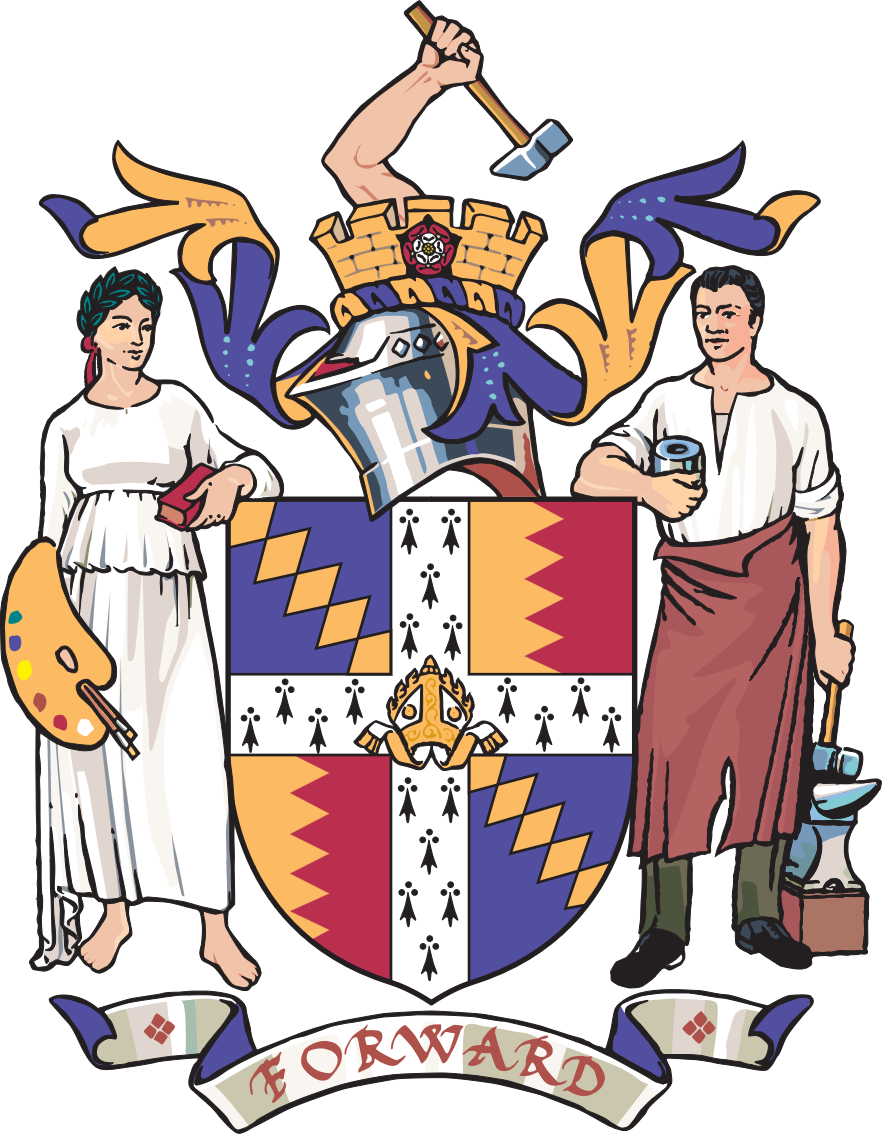 The coat of arms features a shield divided into four quarters by a white cross patterned with black ermine spots. At the center of the cross is a golden mural crown, symbolizing civic authority. •	Top-left and bottom-right quarters: Blue background with a diagonal gold zigzag pattern. •	Top-right and bottom-left quarters: Red background with a series of gold triangles pointing inward. Above the shield is a helmet with a gold and blue mantling, topped by a golden castle turret adorned with a red rose. Emerging from the turret is an arm holding a hammer, representing industry and craftsmanship. On either side of the shield are supporters: •	Left supporter: A figure in a white robe holding an artist’s palette and brushes, symbolizing art and culture. •	Right supporter: A figure in a work apron holding a cup and standing beside an anvil, representing manufacturing and labor. Below the shield is a scroll bearing the motto “FORWARD” in red letters, signifying progress and ambition.