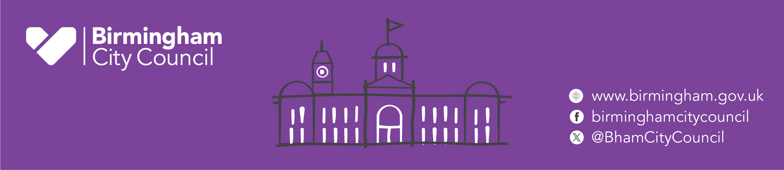 A purple banner with the Birmingham City Council contact details and an outline of the Birmingham City Council House.