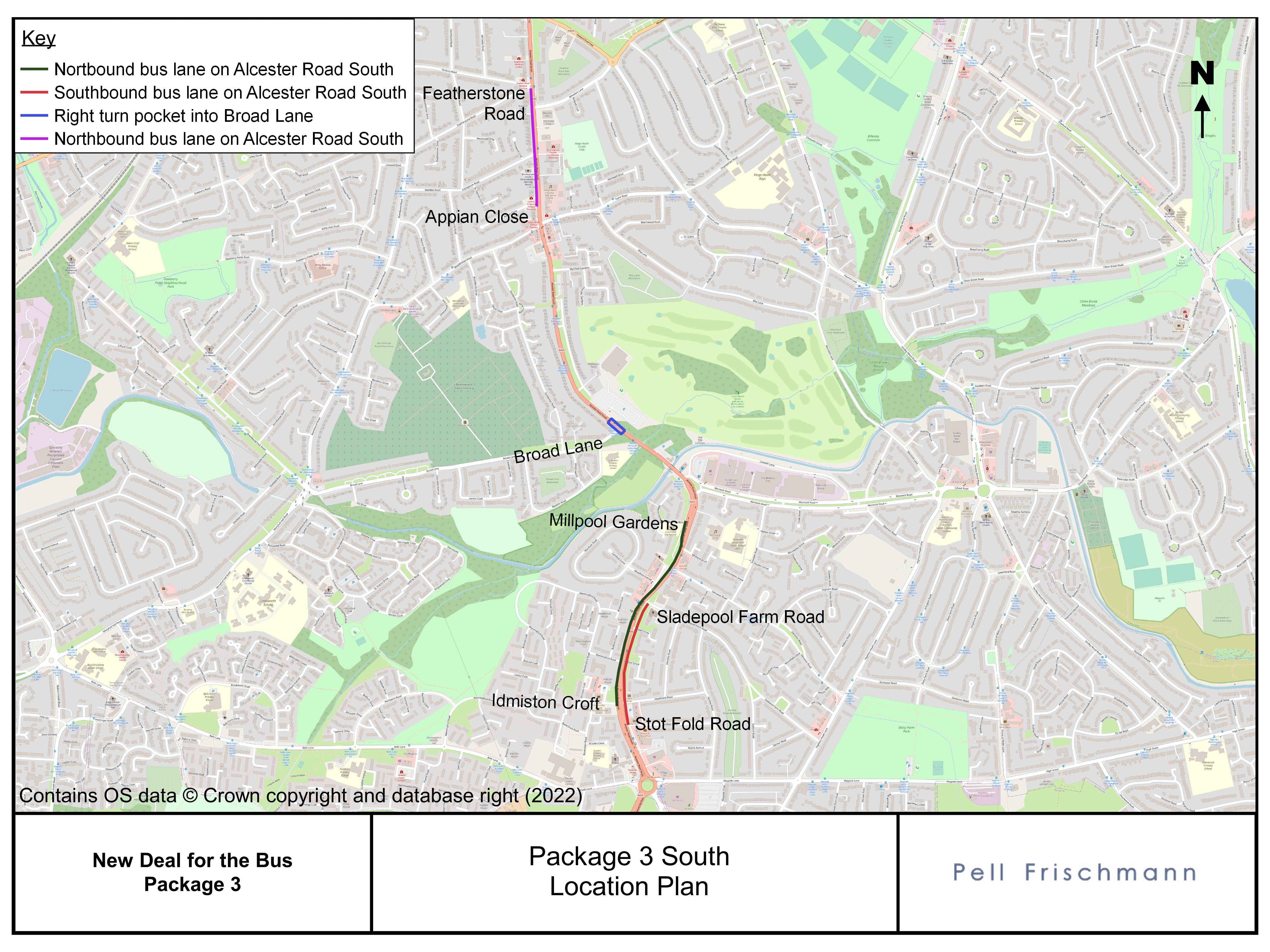 A map showing the locations and extents of the bus priority improvements on Alcester Road South.