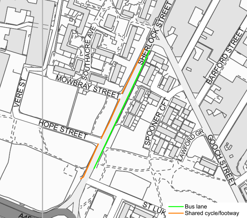 Bus lane on east side of Sherlock Street, shared cycle/footway on west side