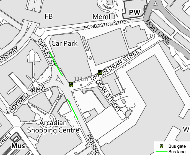 Bus gates on Upper Dean Street and bus lanes on Pershore Street