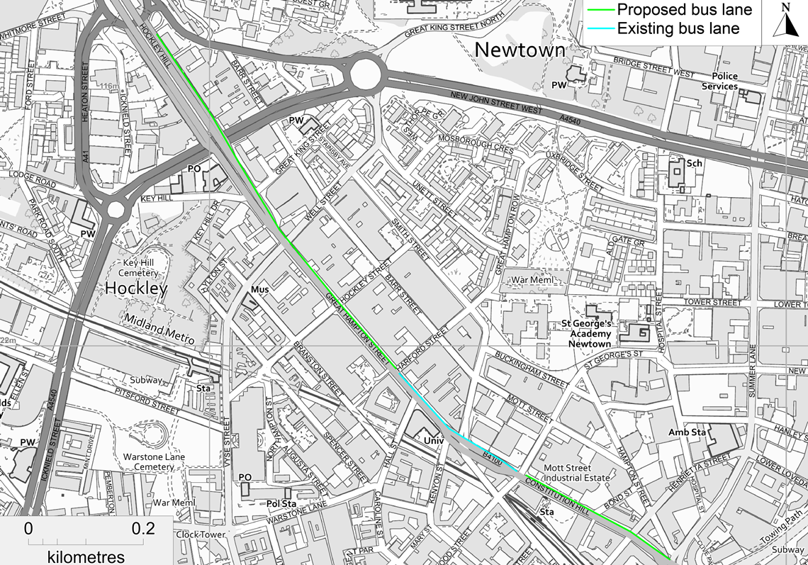 Map showing location of proposed Hockley Hill bus lanes