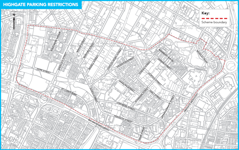 Map showing area of Highgate parking scheme