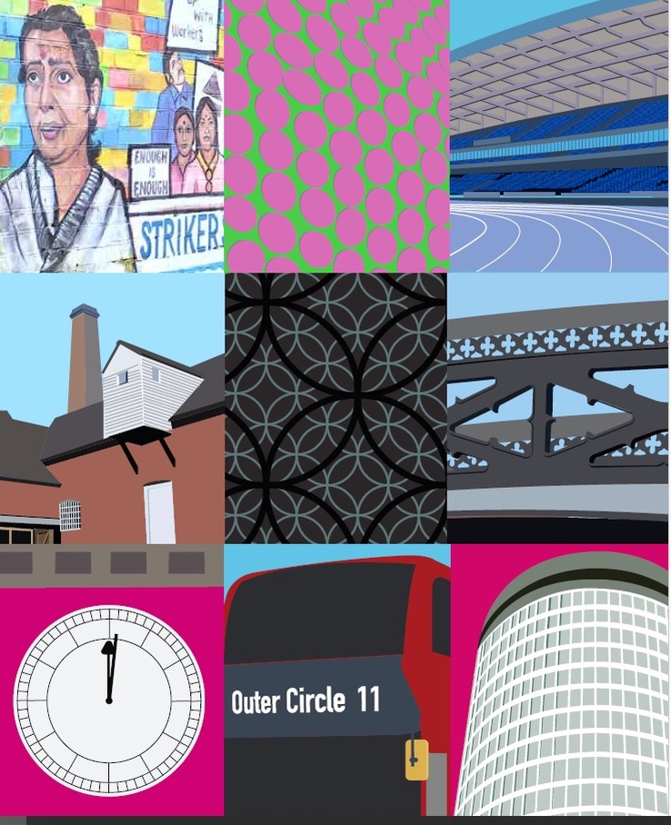Collage of 9 images including: a portrait of a doctor, pink spots on green background, a sprint track, a church, a grey pattern, a bridge, a white clock on a pink background, an Outer Circle bus 11 and a glass building on a pink background. 