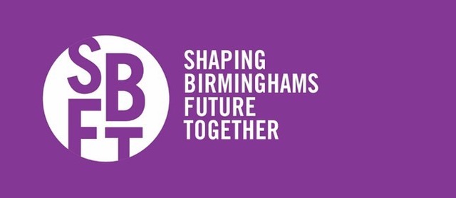 Purple box with text reading "Shaping Birmingham's future together"