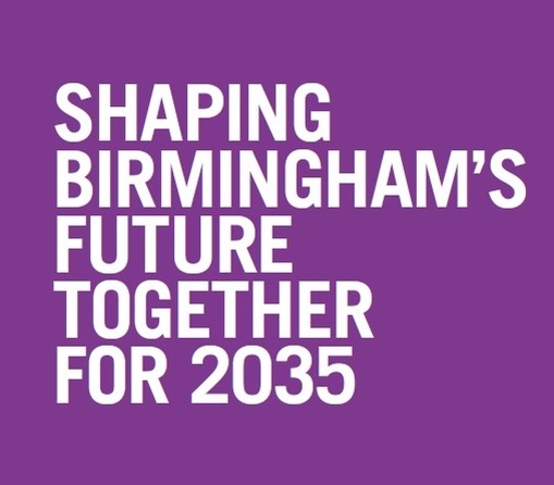 Purple box with text reading "Shaping Birmingham's future together for 2035"